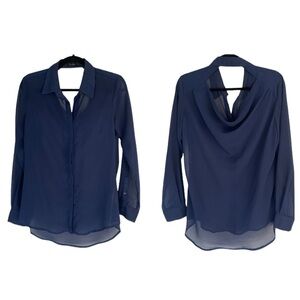 Jessica Simpson Drape Open Back Button Down Blouse Sheer Long Sleeve Top Medium